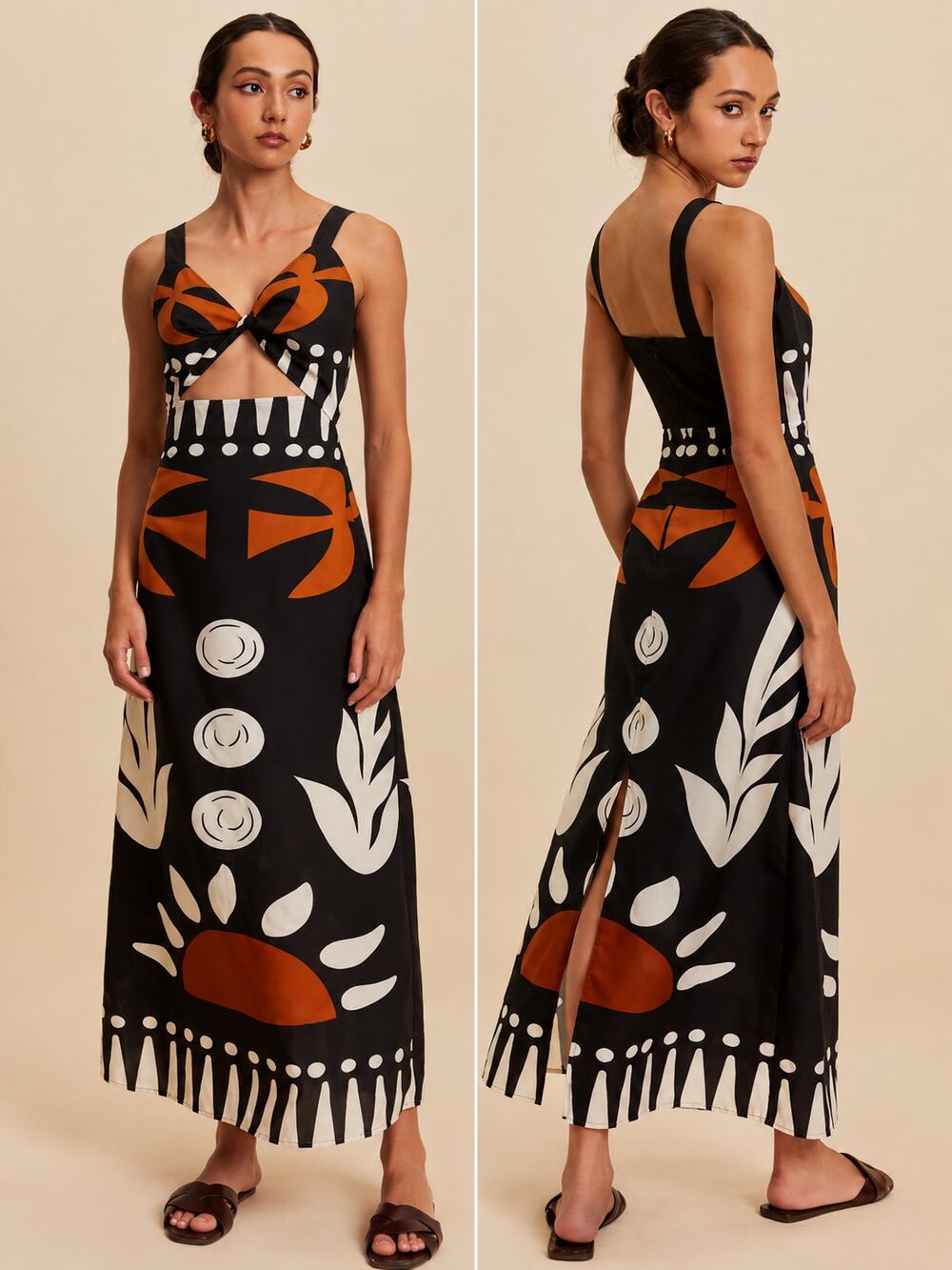 COMMENSE Cut Out Sleeveless Printed Floral Maxi Dress Boho Tropical Midi Black